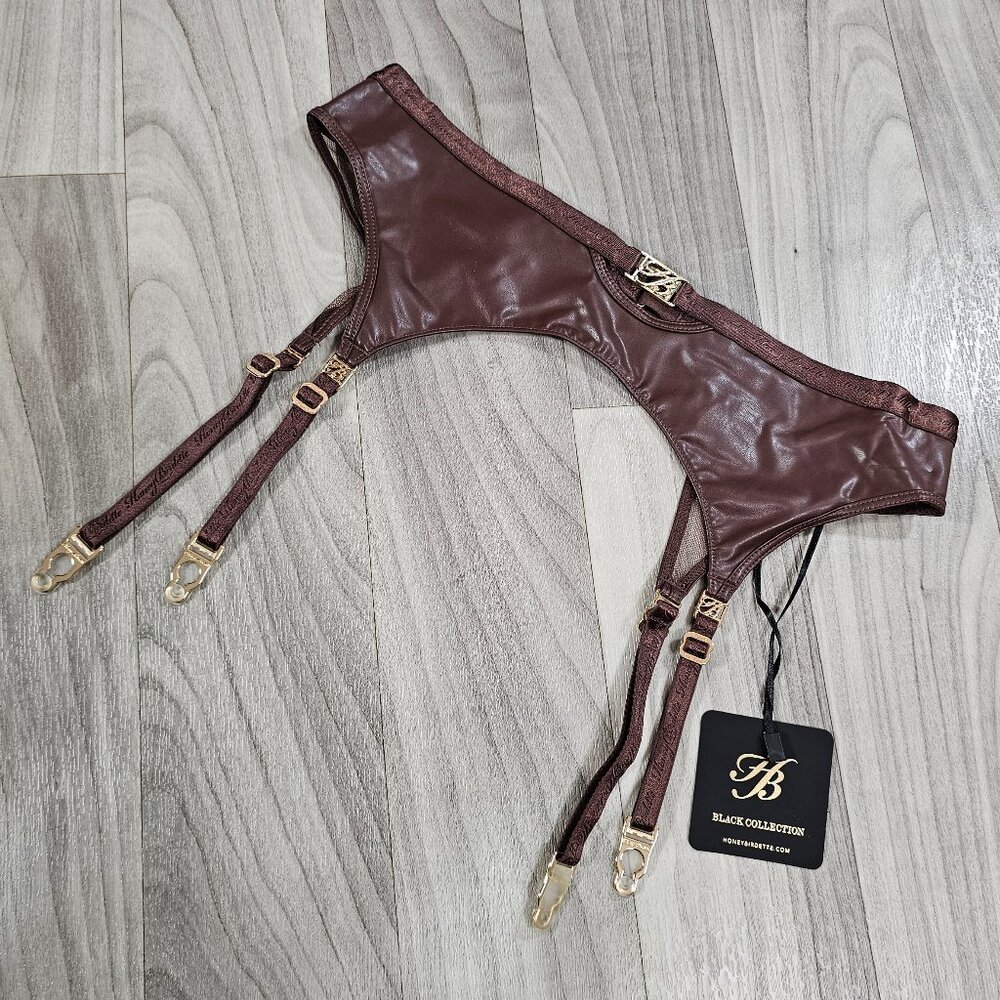 Honey Birdette Emily Deep Mahogany Faux Leather Suspender with Logo, Size M